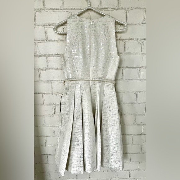 WHBM Silver, Metallic, Jacquard, Belted, Fit-and-Flare Cocktail Dress - Size 00 - Picture 4 of 16